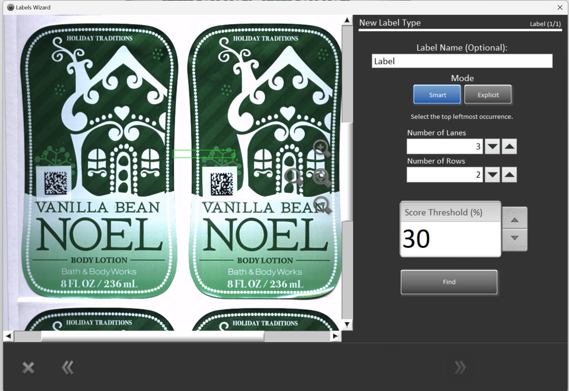 Label inspection wizard configuring multi-lane label detection with smart matching