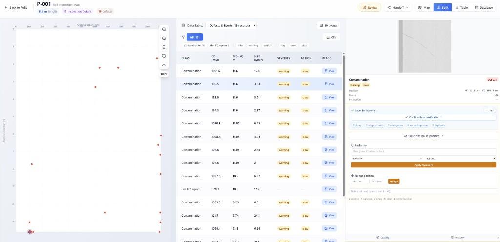 Roll Browser split view — spatial defect map, event table, and review pane for a roll inspection