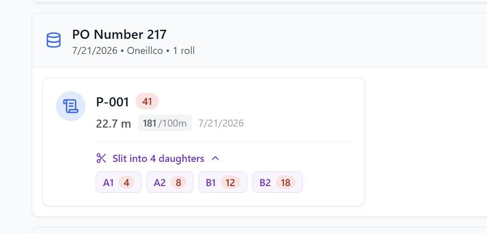 Parent roll P-001 slit into four daughter rolls with defect counts per daughter
